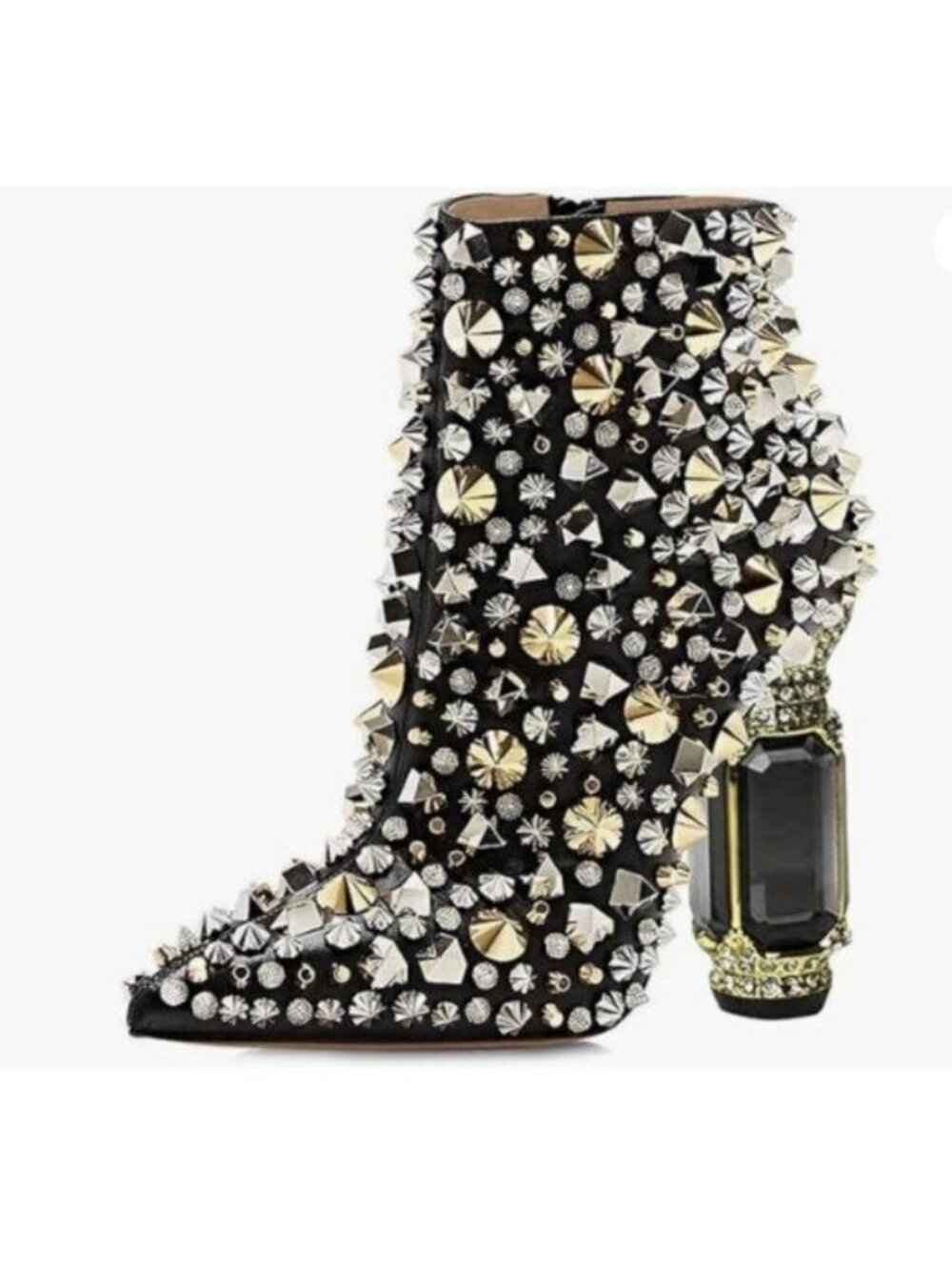 FSJ Women Chic Pointed Toe Crystal Chunky Block High Heel Ankle Boots Black
